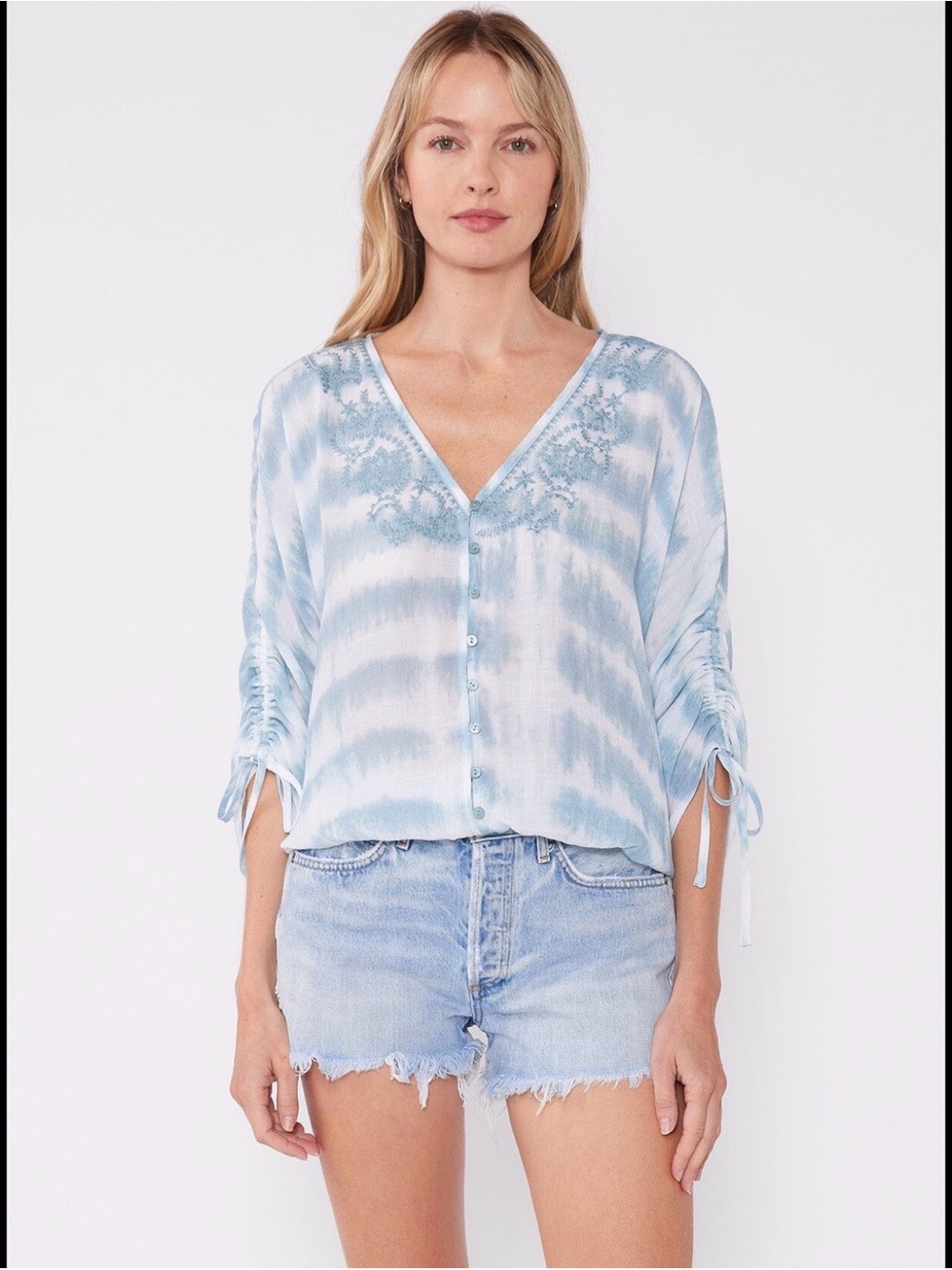 LOVESTITCH Boho-Chic Blouse V-Neck Embroidered Detail Tie-Dye White/Teal S